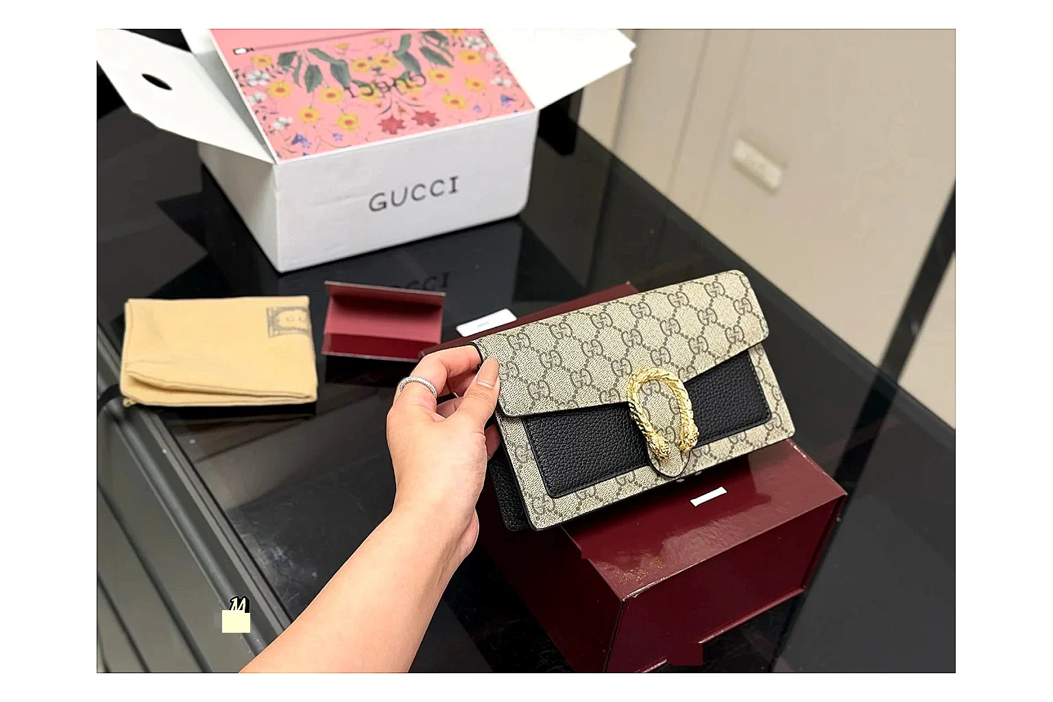 Gucci Wallet Set Beige Multi comparison photo showing beige coated-canvas wallet pieces, multi accessory layout, compact luxury shape, and neat hardware details