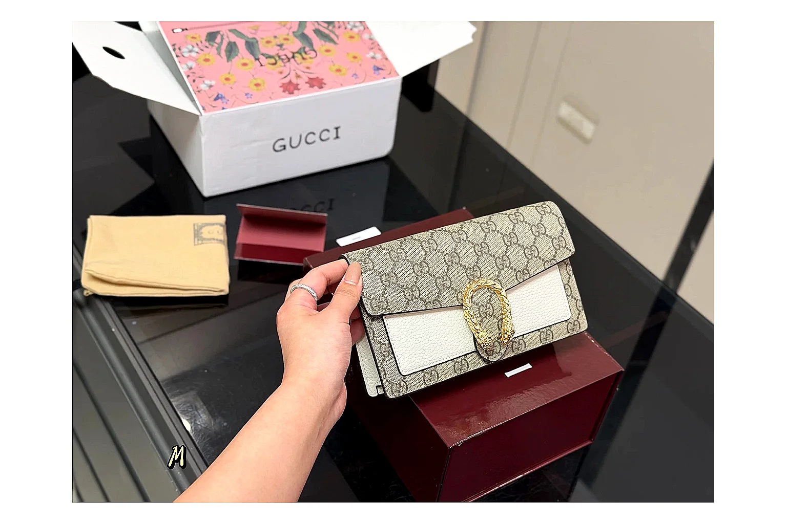 Gucci Wallet Set Beige Multi comparison photo showing beige coated-canvas wallet pieces, multi accessory layout, compact luxury shape, and neat hardware details thumbnail 3