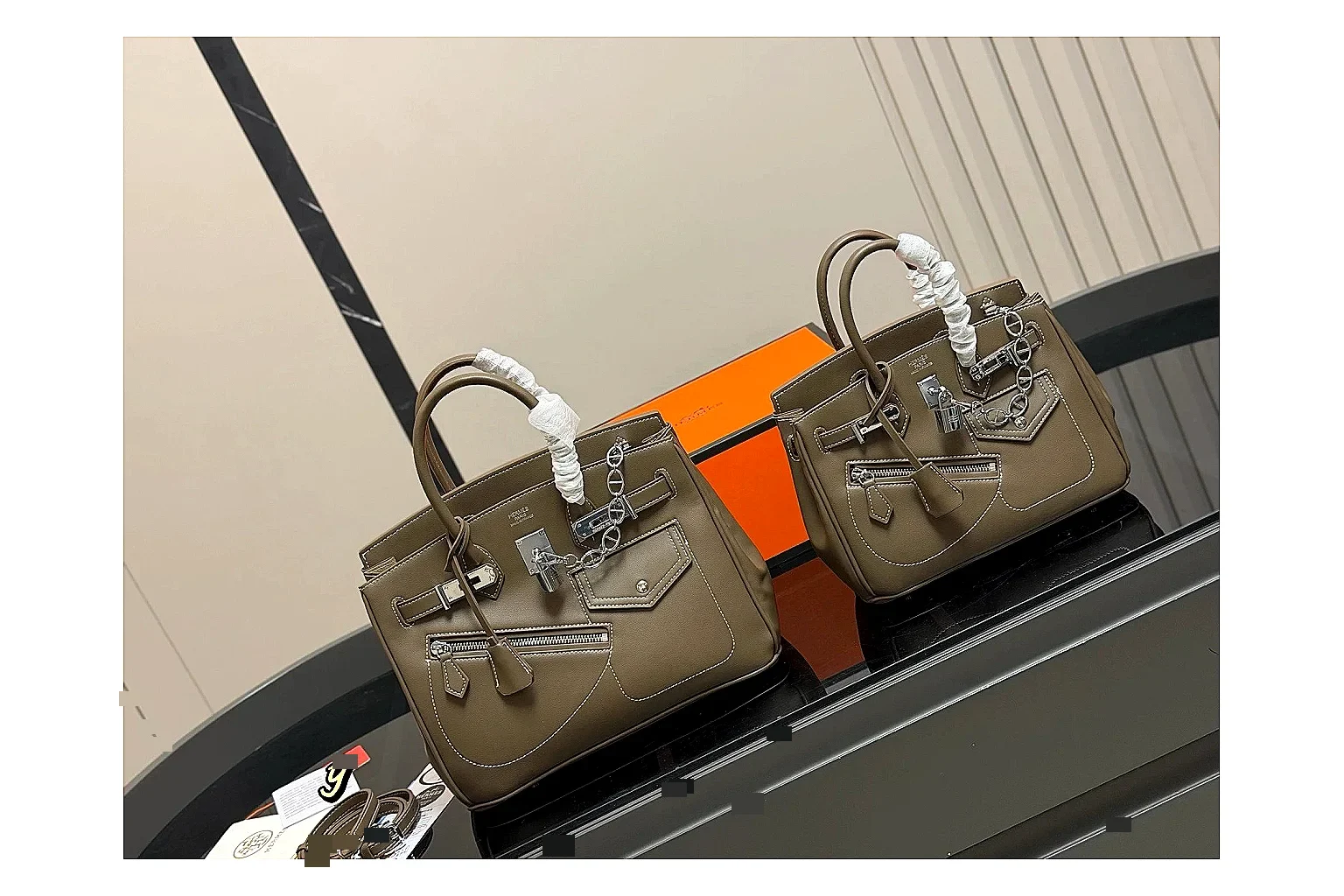 Hermes Birkin Style Olive comparison photo showing olive leather structured body, top handles, flap-and-strap shape, and polished hardware