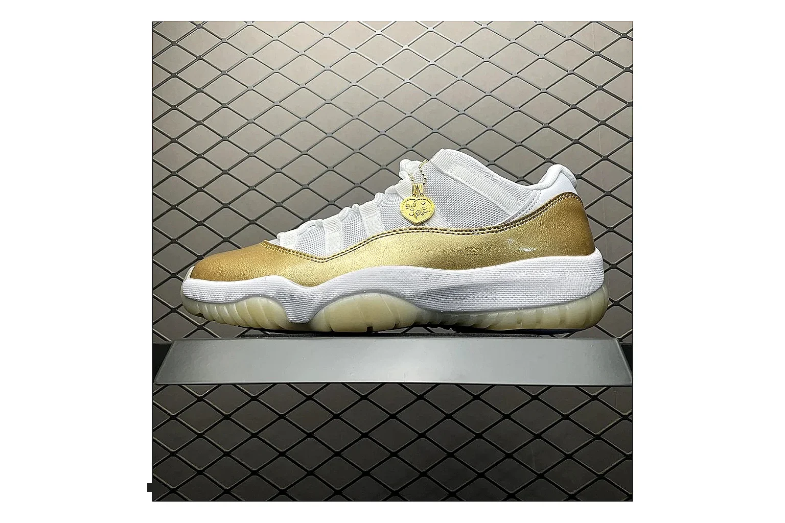 Jordan 11 Low White Gold Sneaker comparison signal photo with white gold aj11 low sneaker with mixed upper and low top shape