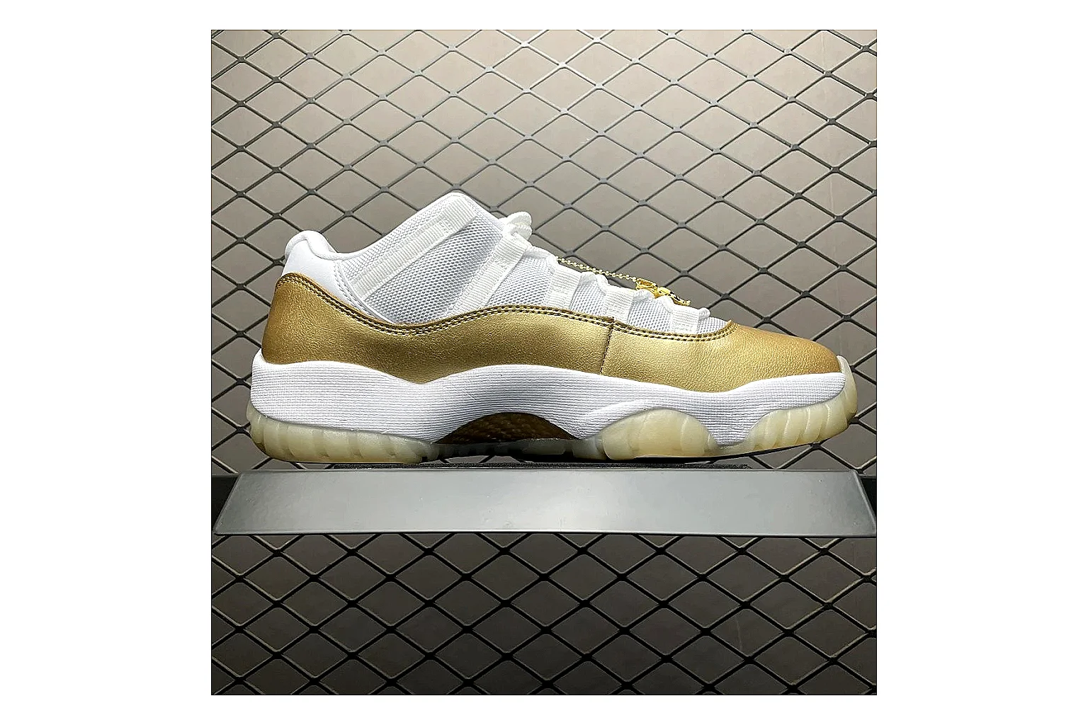 Jordan 11 Low White Gold Sneaker comparison signal photo with white gold aj11 low sneaker with mixed upper and low top shape