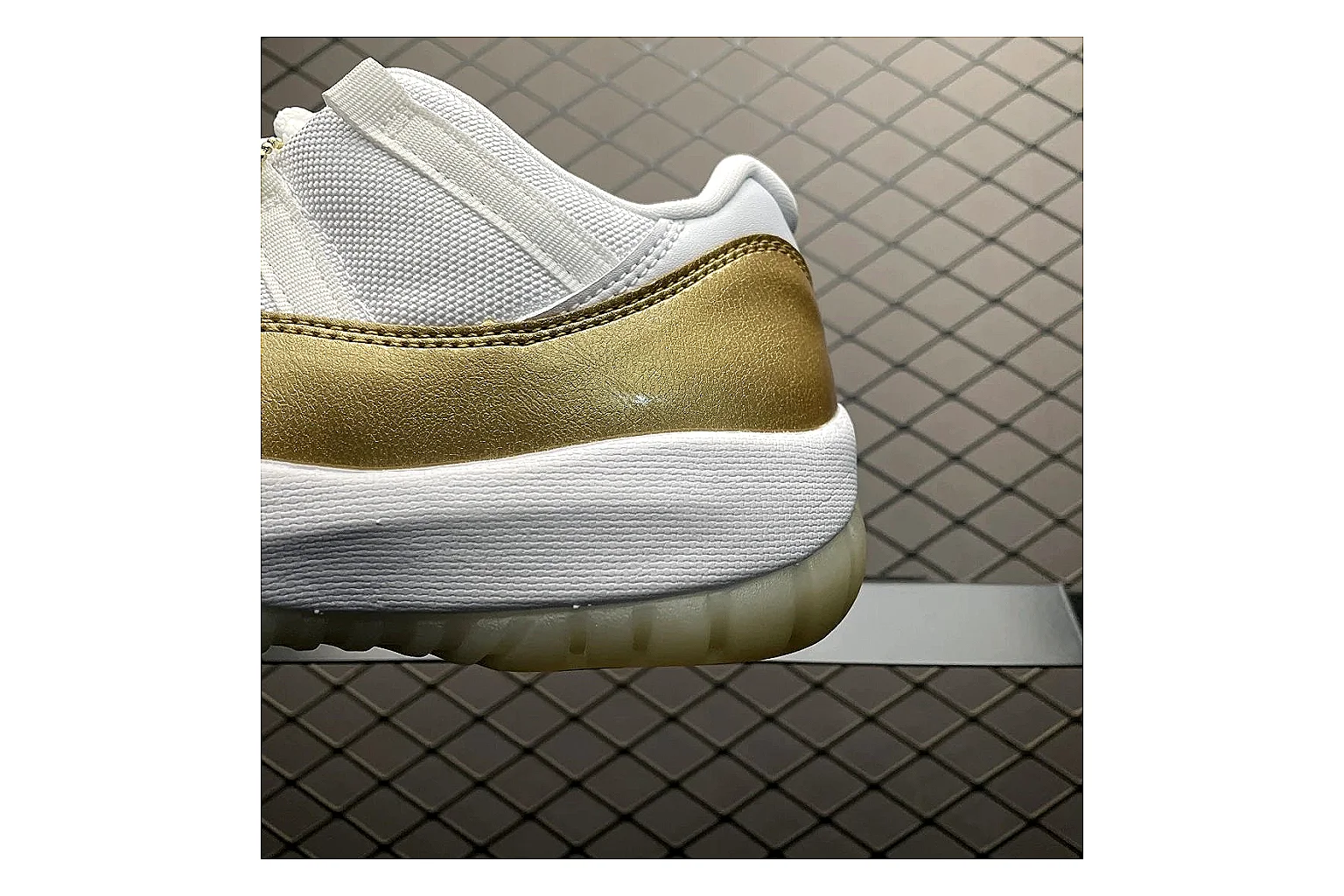 Jordan 11 Low White Gold Sneaker comparison signal photo with white gold aj11 low sneaker with mixed upper and low top shape thumbnail 3