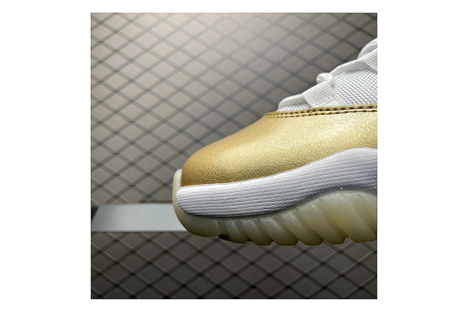 Jordan 11 Low White Gold Sneaker comparison signal photo with white gold aj11 low sneaker with mixed upper and low top shape thumbnail 5