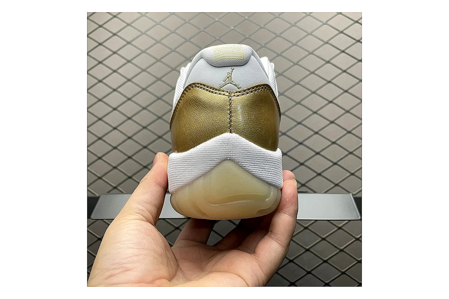 Jordan 11 Low White Gold Sneaker comparison signal photo with white gold aj11 low sneaker with mixed upper and low top shape thumbnail 6
