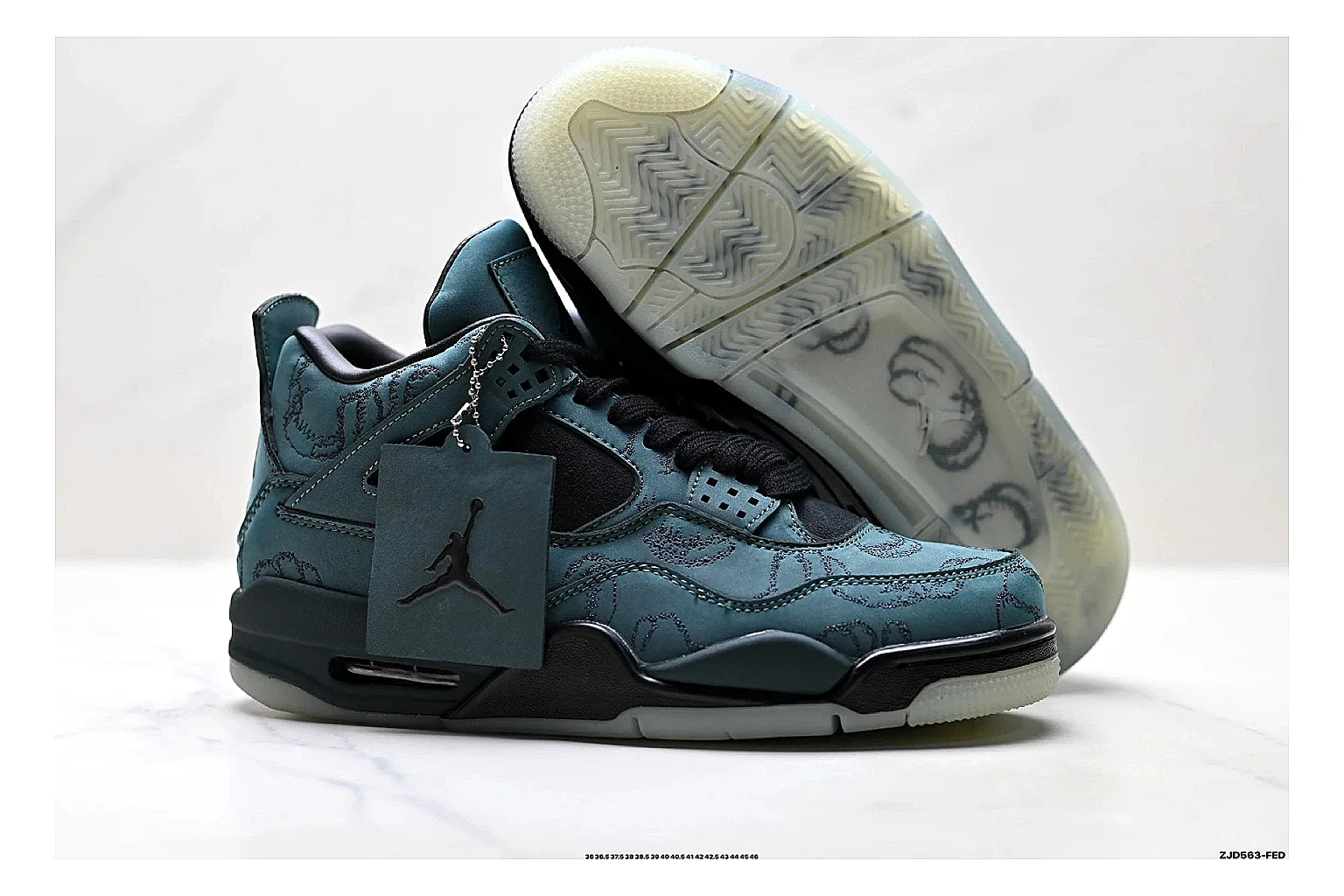 Jordan Air Jordan 4 Teal Black Sneakers comparison signal photo with teal black retro basketball sneakers with nubuck texture, side-profile shape, upper panel lines, and outsole detail thumbnail 5
