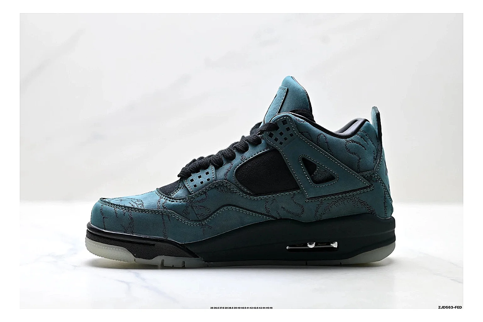 Jordan Air Jordan 4 Teal Black Sneakers comparison signal photo with teal black retro basketball sneakers with nubuck texture, side-profile shape, upper panel lines, and outsole detail thumbnail 6