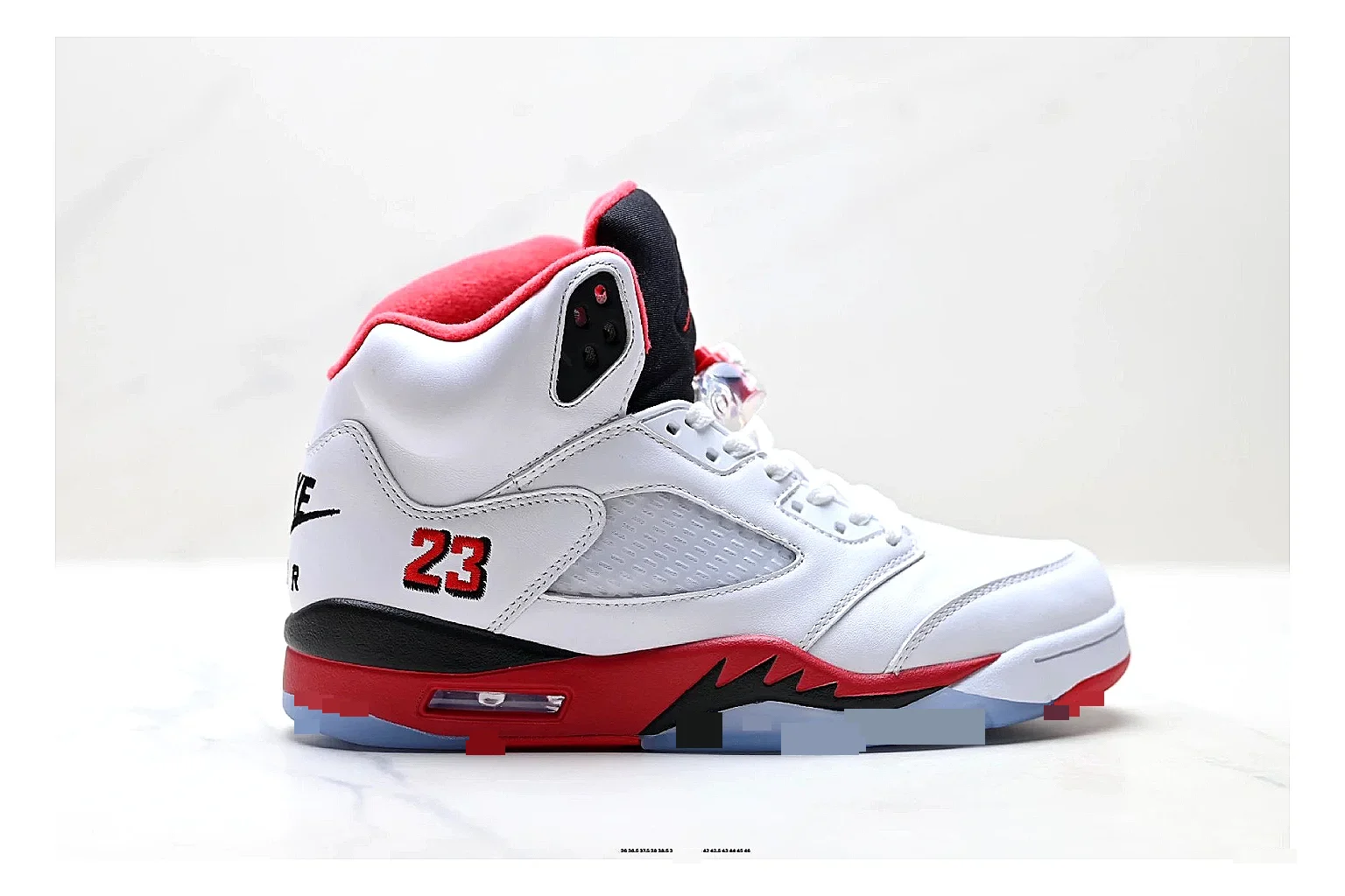 Jordan Air Jordan 5 White Red Sneakers comparison signal photo with white red retro basketball sneakers with leather texture, side-profile shape, upper panel lines, and outsole detail
