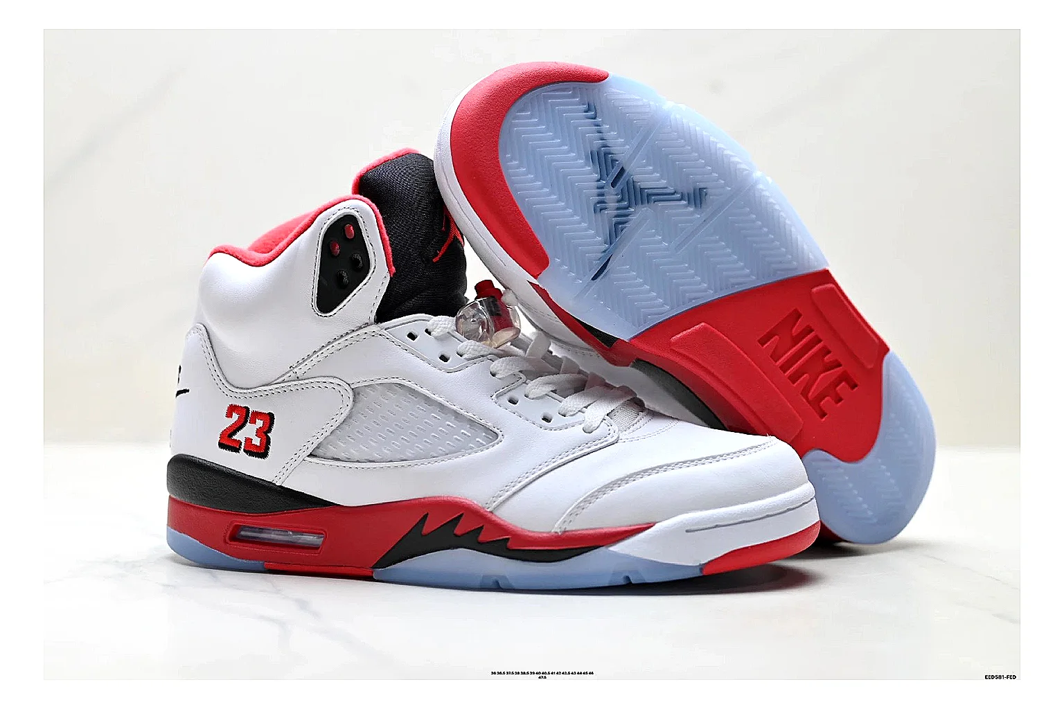 Jordan Air Jordan 5 White Red Sneakers comparison signal photo with white red retro basketball sneakers with leather texture, side-profile shape, upper panel lines, and outsole detail thumbnail 5
