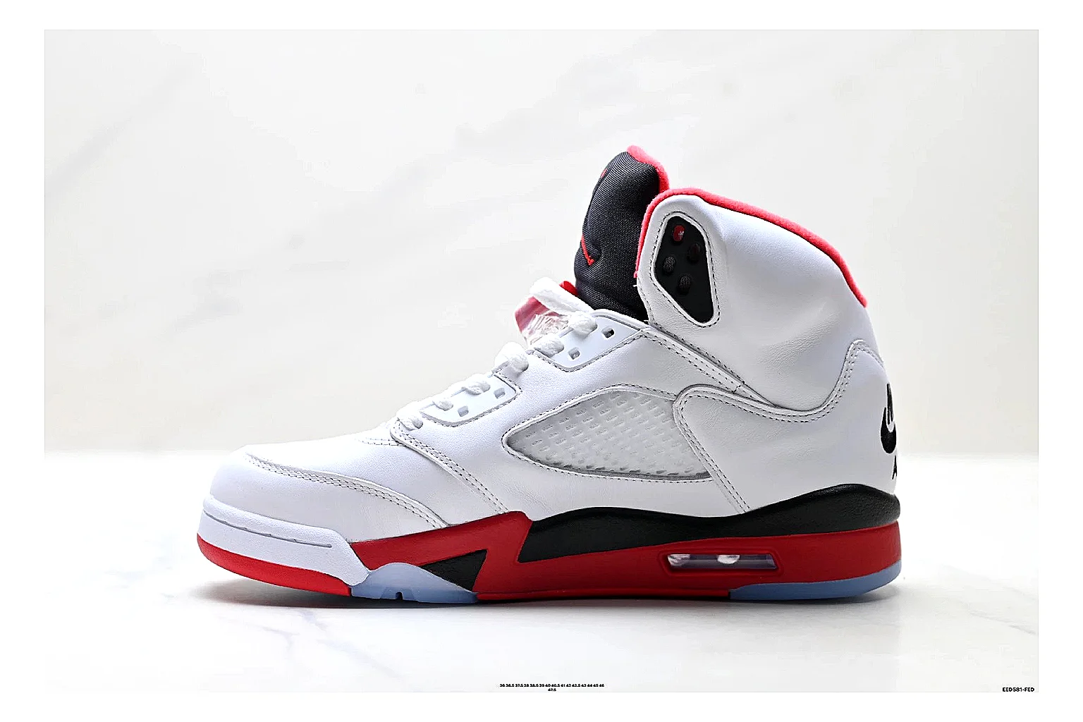 Jordan Air Jordan 5 White Red Sneakers comparison signal photo with white red retro basketball sneakers with leather texture, side-profile shape, upper panel lines, and outsole detail thumbnail 6