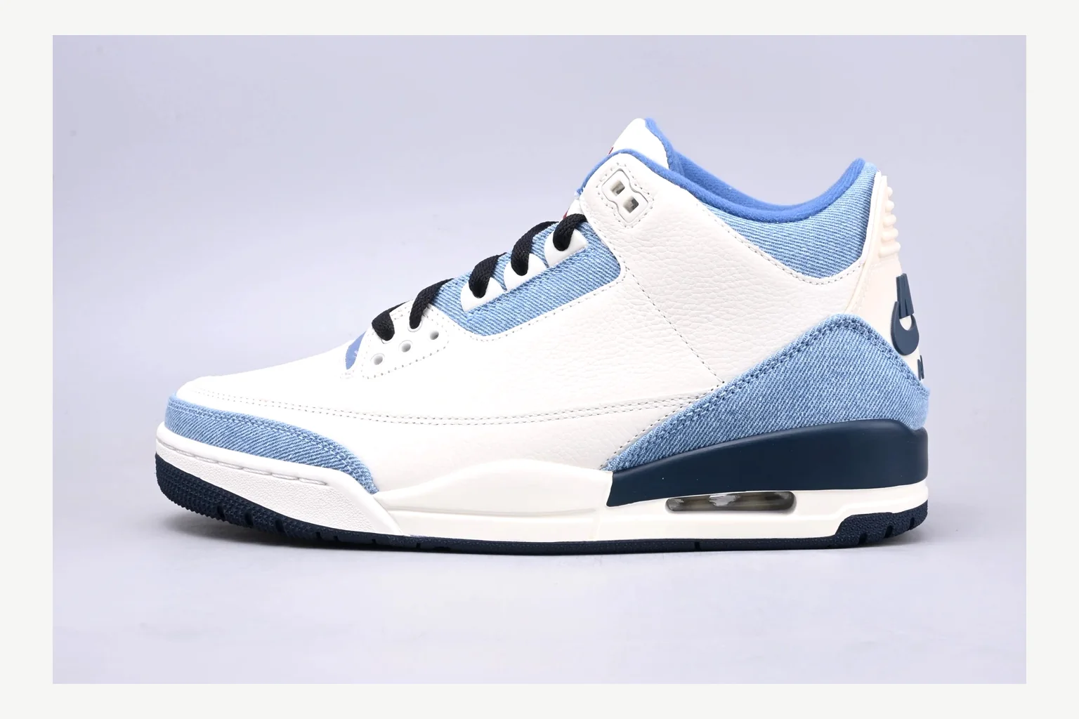 Jordan Air Jordan 3 Blue Sneaker comparison signal photo with white blue low-top sneaker with mixed-material upper and low-profile shape