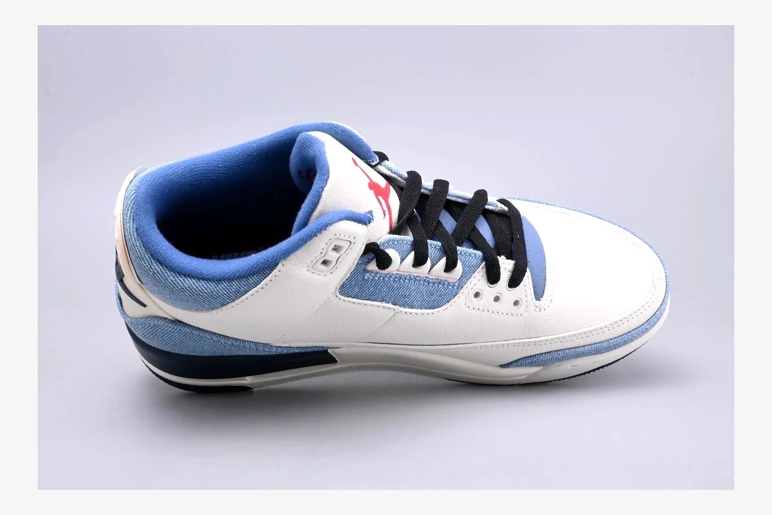 Jordan Air Jordan 3 Blue Sneaker comparison signal photo with white blue low-top sneaker with mixed-material upper and low-profile shape