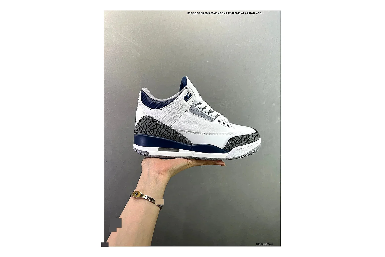 Jordan Air Jordan 3 Midnight Navy comparison signal image with white leather upper, navy accents, elephant print panels and visible Air sole for retro sport style
