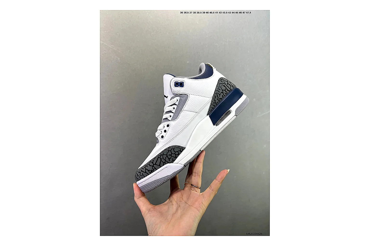 Jordan Air Jordan 3 Midnight Navy comparison signal image with white leather upper, navy accents, elephant print panels and visible Air sole for retro sport style