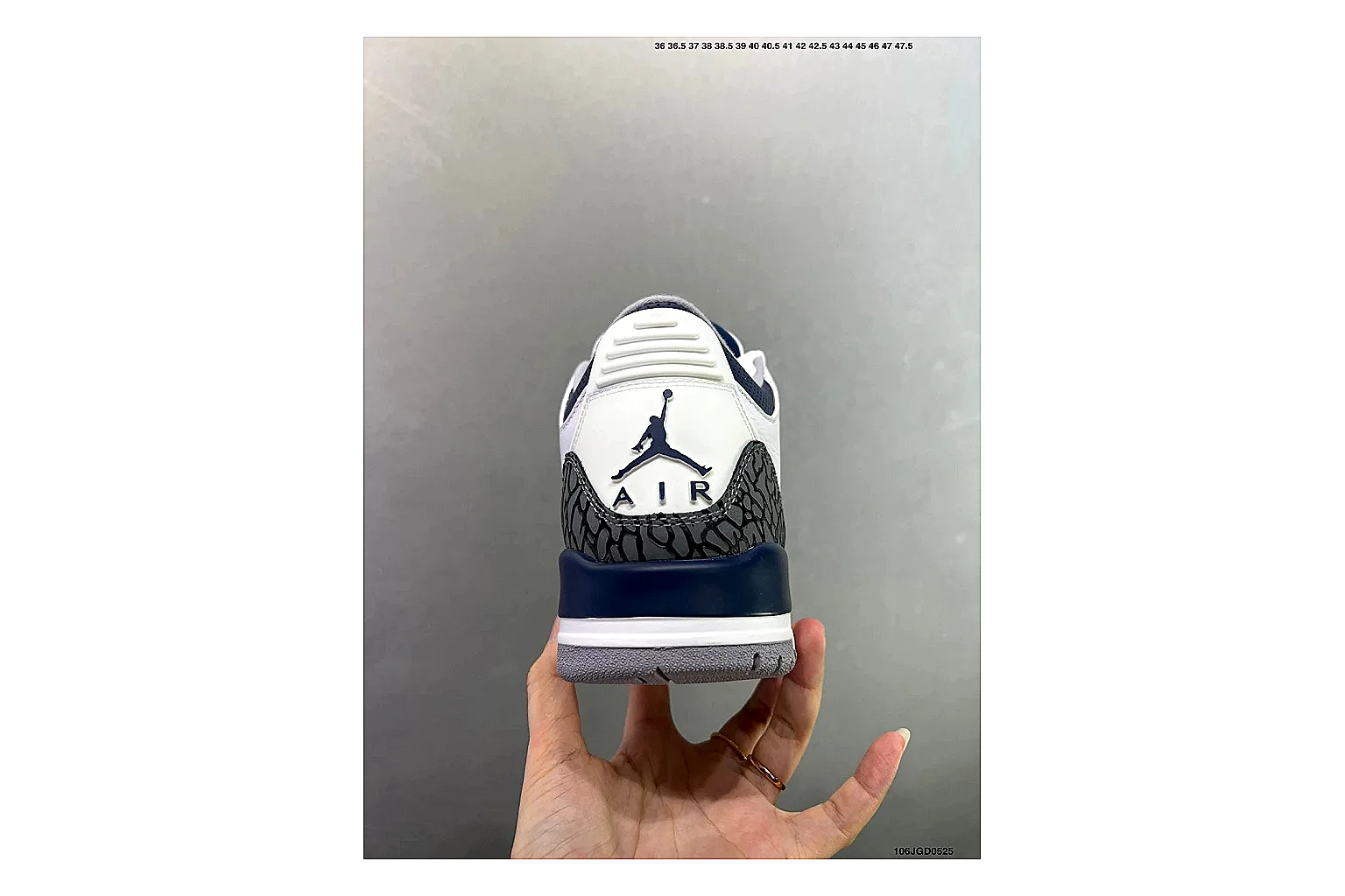 Jordan Air Jordan 3 Midnight Navy comparison signal image with white leather upper, navy accents, elephant print panels and visible Air sole for retro sport style thumbnail 3