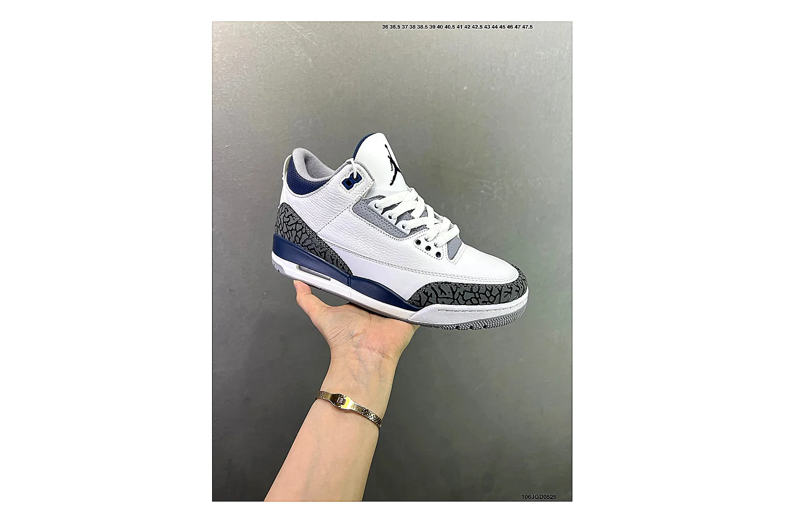 Jordan Air Jordan 3 Midnight Navy comparison signal image with white leather upper, navy accents, elephant print panels and visible Air sole for retro sport style thumbnail 6