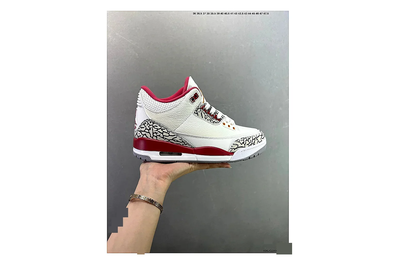 Jordan Air Jordan 3 White Red Cement comparison signal image with white leather upper, red accents, elephant print panels and visible Air sole for classic retro style