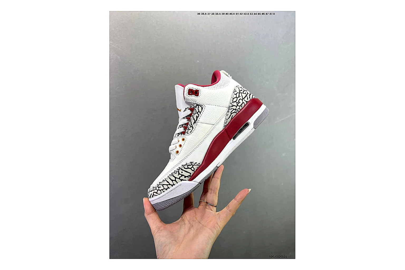 Jordan Air Jordan 3 White Red Cement comparison signal image with white leather upper, red accents, elephant print panels and visible Air sole for classic retro style