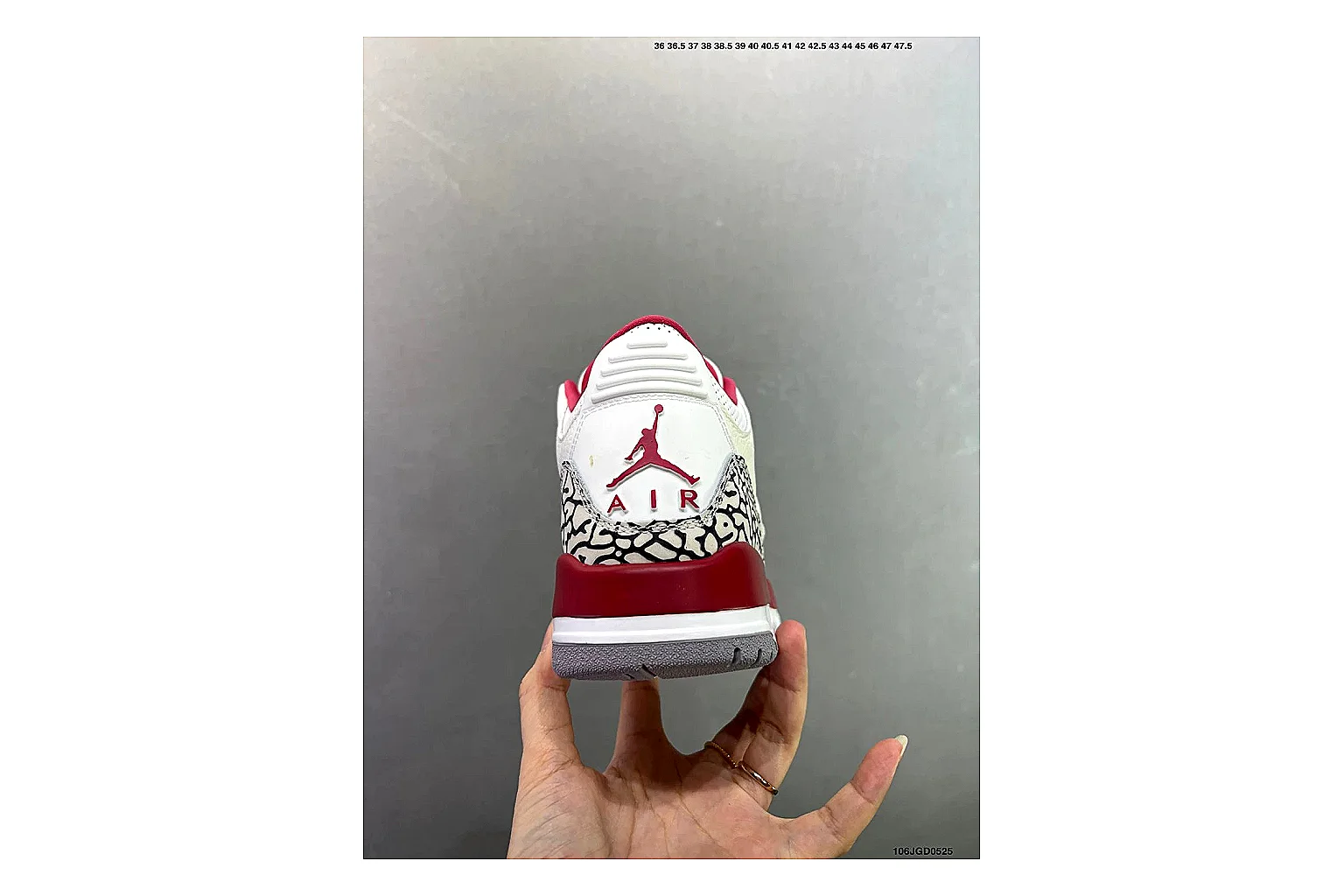 Jordan Air Jordan 3 White Red Cement comparison signal image with white leather upper, red accents, elephant print panels and visible Air sole for classic retro style thumbnail 3