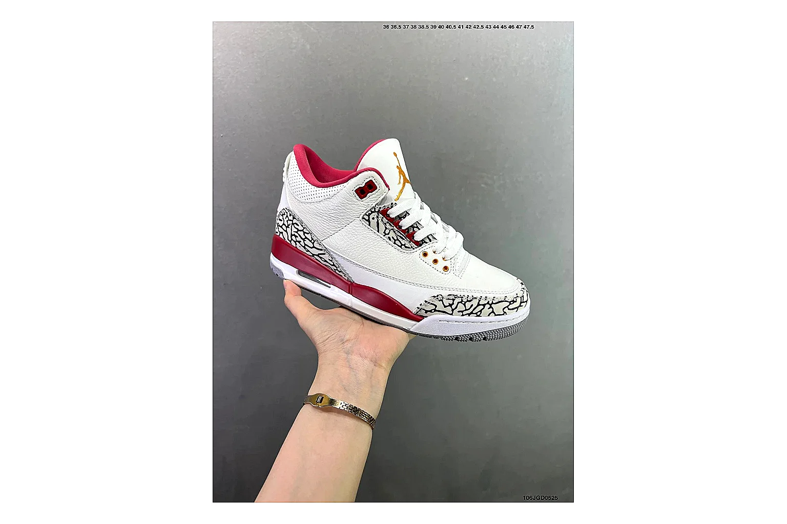 Jordan Air Jordan 3 White Red Cement comparison signal image with white leather upper, red accents, elephant print panels and visible Air sole for classic retro style thumbnail 6