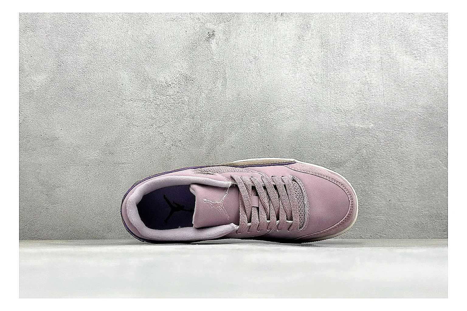 Jordan Flight Purple Suede comparison photo showing purple suede upper, low court silhouette, cream sole, and soft retro basketball styling