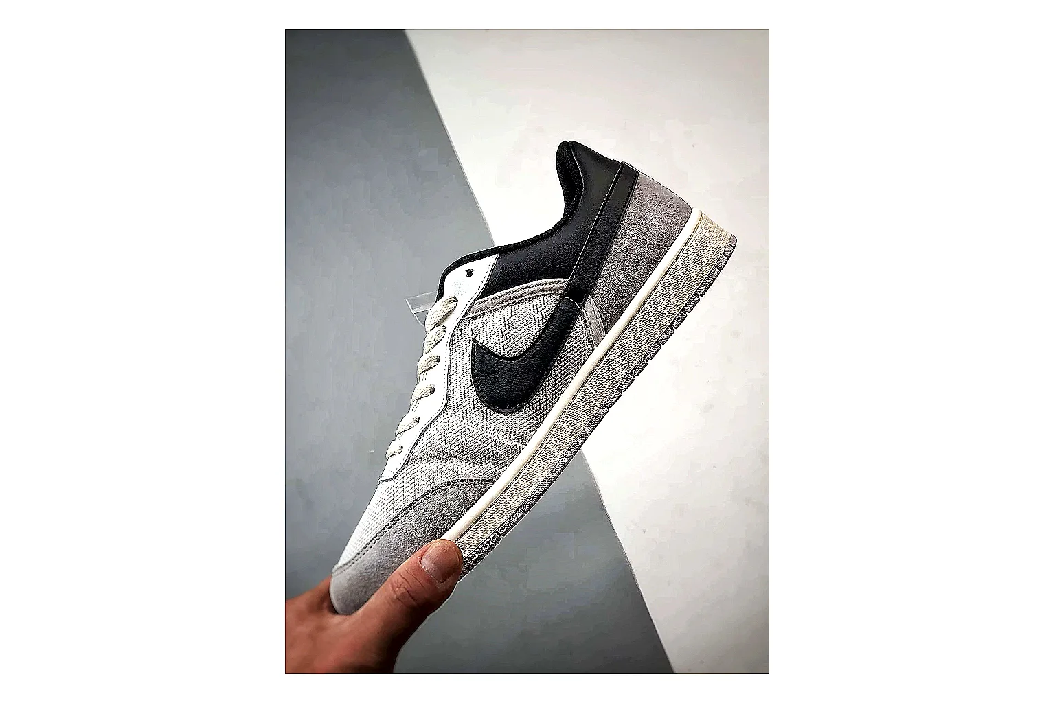 Jordan Low Black White Sneaker comparison signal photo with white black low-top sneaker with mixed-material upper and low-profile shape thumbnail 5