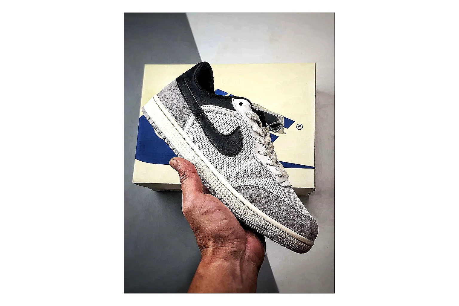 Jordan Low Black White Sneaker comparison signal photo with white black low-top sneaker with mixed-material upper and low-profile shape thumbnail 6