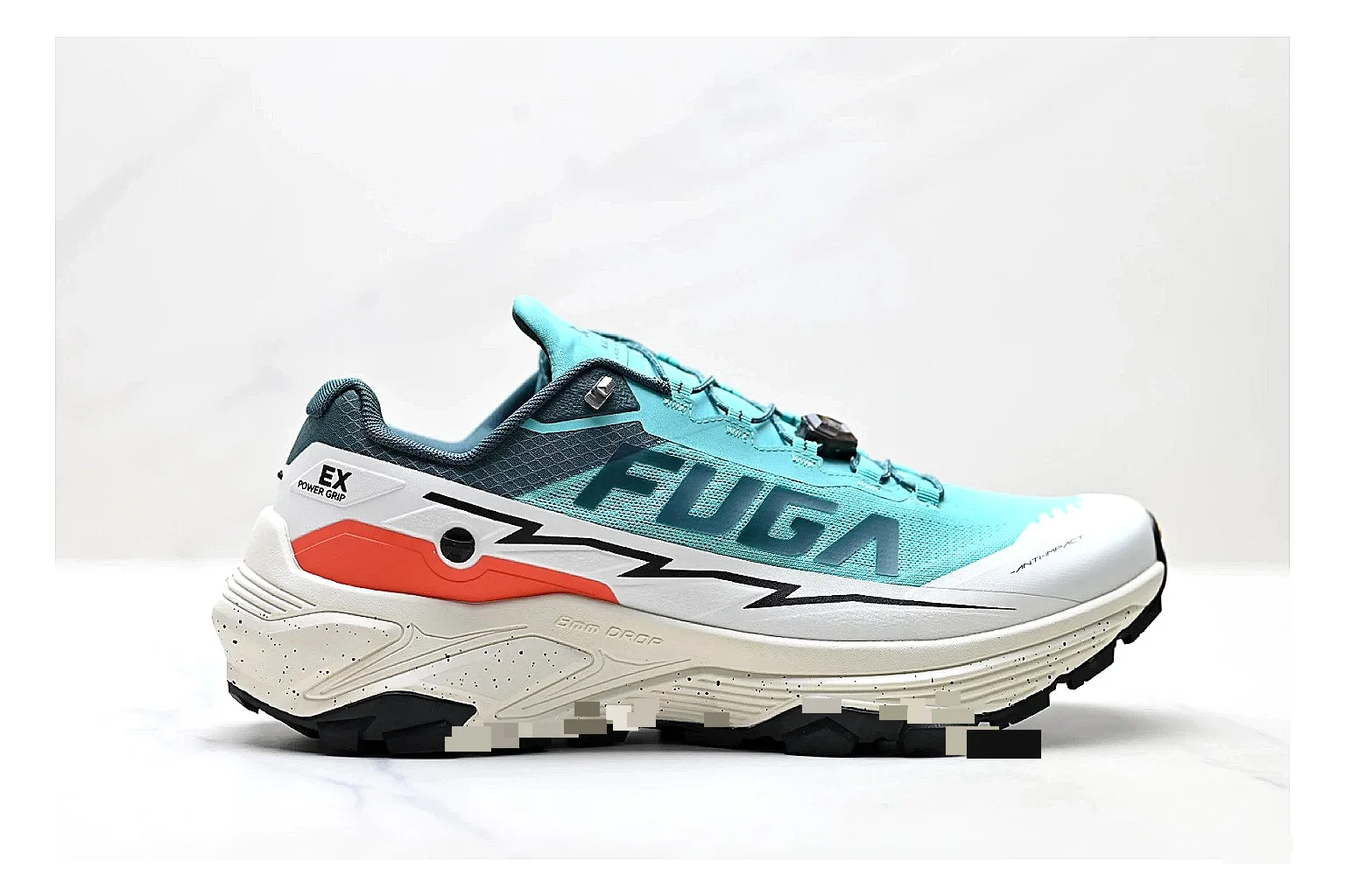 Kailas Fuga Aqua White Sneakers comparison signal photo with aqua white outdoor running shoes with mesh texture, side-profile shape, upper panel lines, and outsole detail