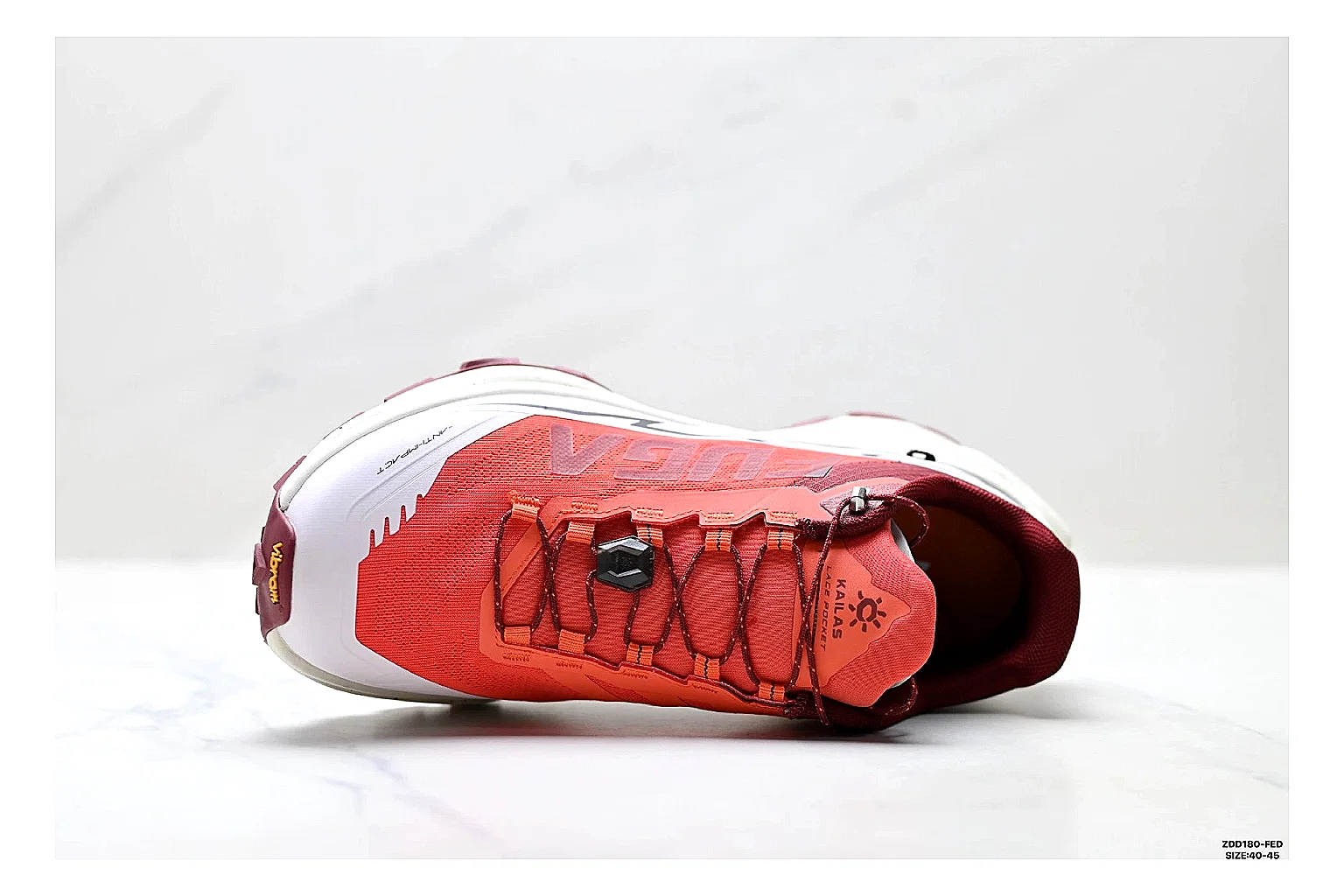 Kailas Fuga Coral White Sneakers comparison signal photo with coral white outdoor running shoes with mesh texture, side-profile shape, upper panel lines, and outsole detail