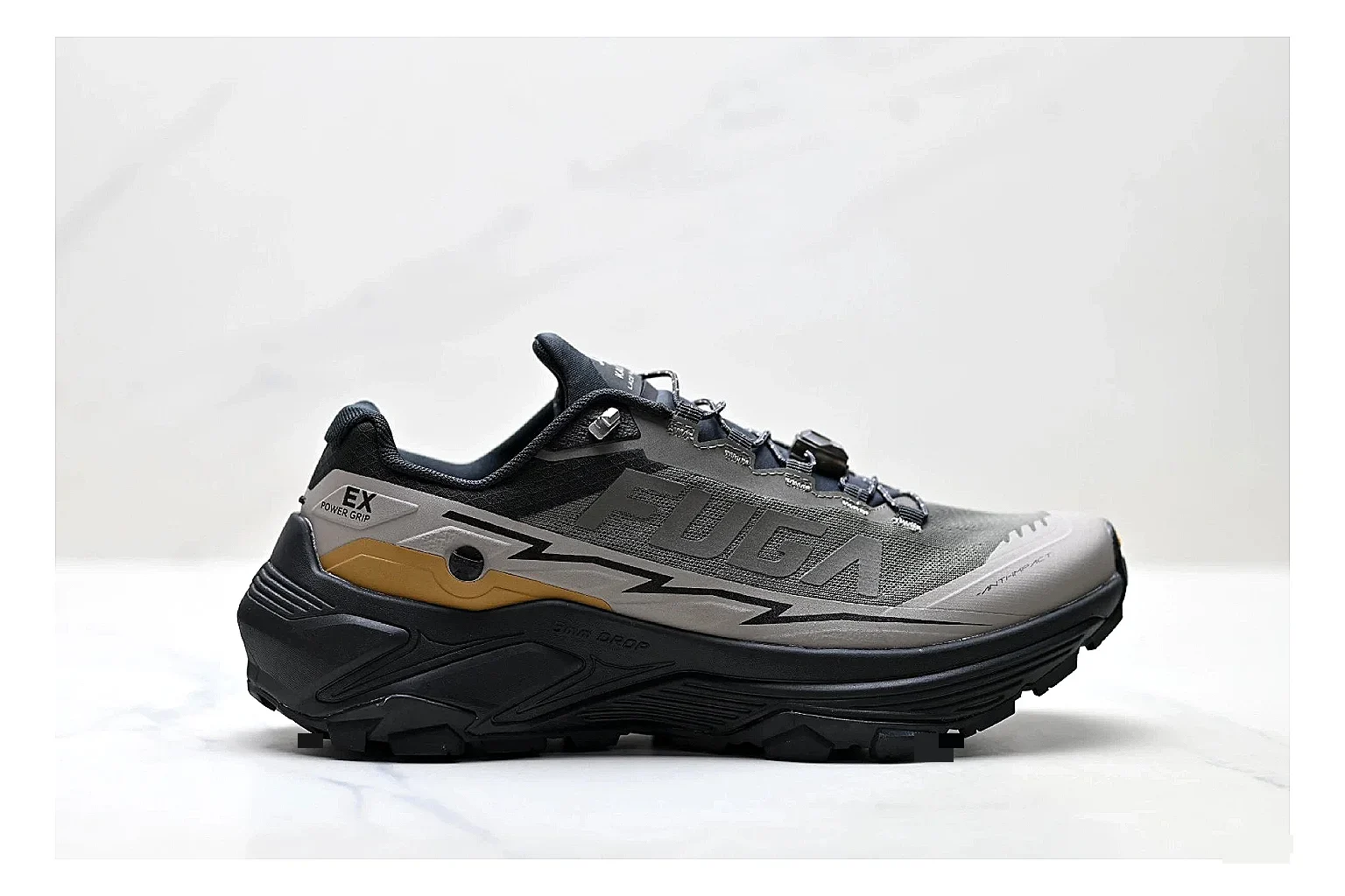 Kailas Fuga Gray Gold Sneakers comparison signal photo with gray gold outdoor running shoes with mesh texture, side-profile shape, upper panel lines, and outsole detail