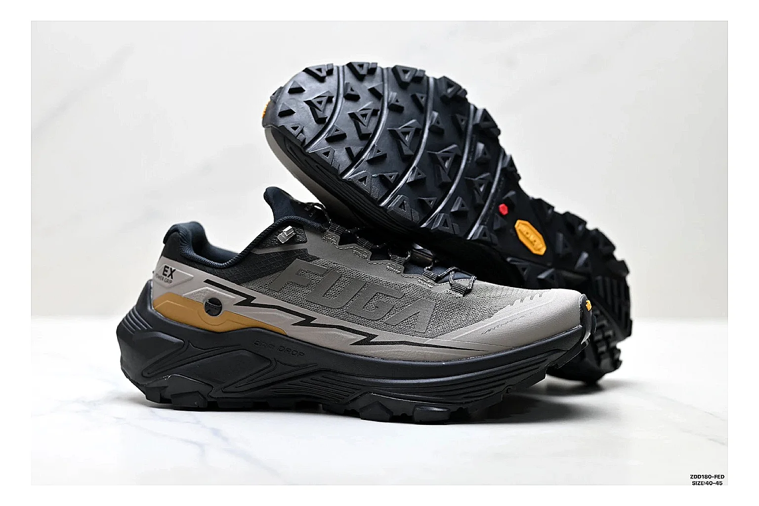 Kailas Fuga Gray Gold Sneakers comparison signal photo with gray gold outdoor running shoes with mesh texture, side-profile shape, upper panel lines, and outsole detail thumbnail 5