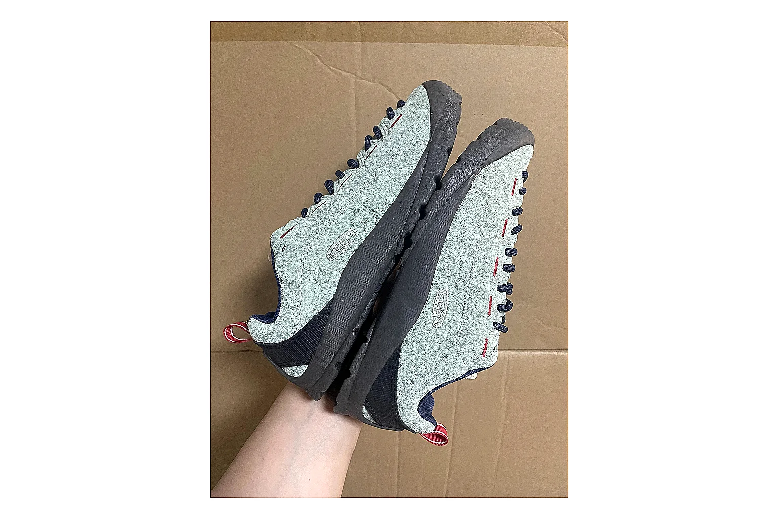 KEEN Jasper Runner Gray Blue comparison photo showing gray mesh-suede runner upper, blue accents, outdoor-runner profile, and rugged casual sole thumbnail 3