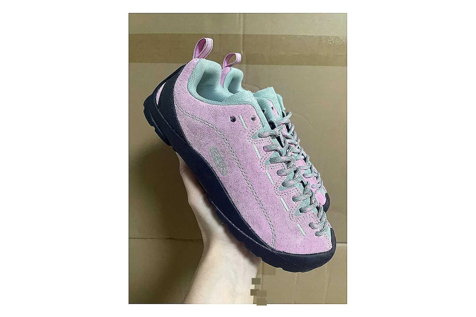KEEN Jasper Runner Pink Navy comparison photo showing pink navy mesh-suede upper, outdoor runner shape, protective front profile, and trail-casual sole