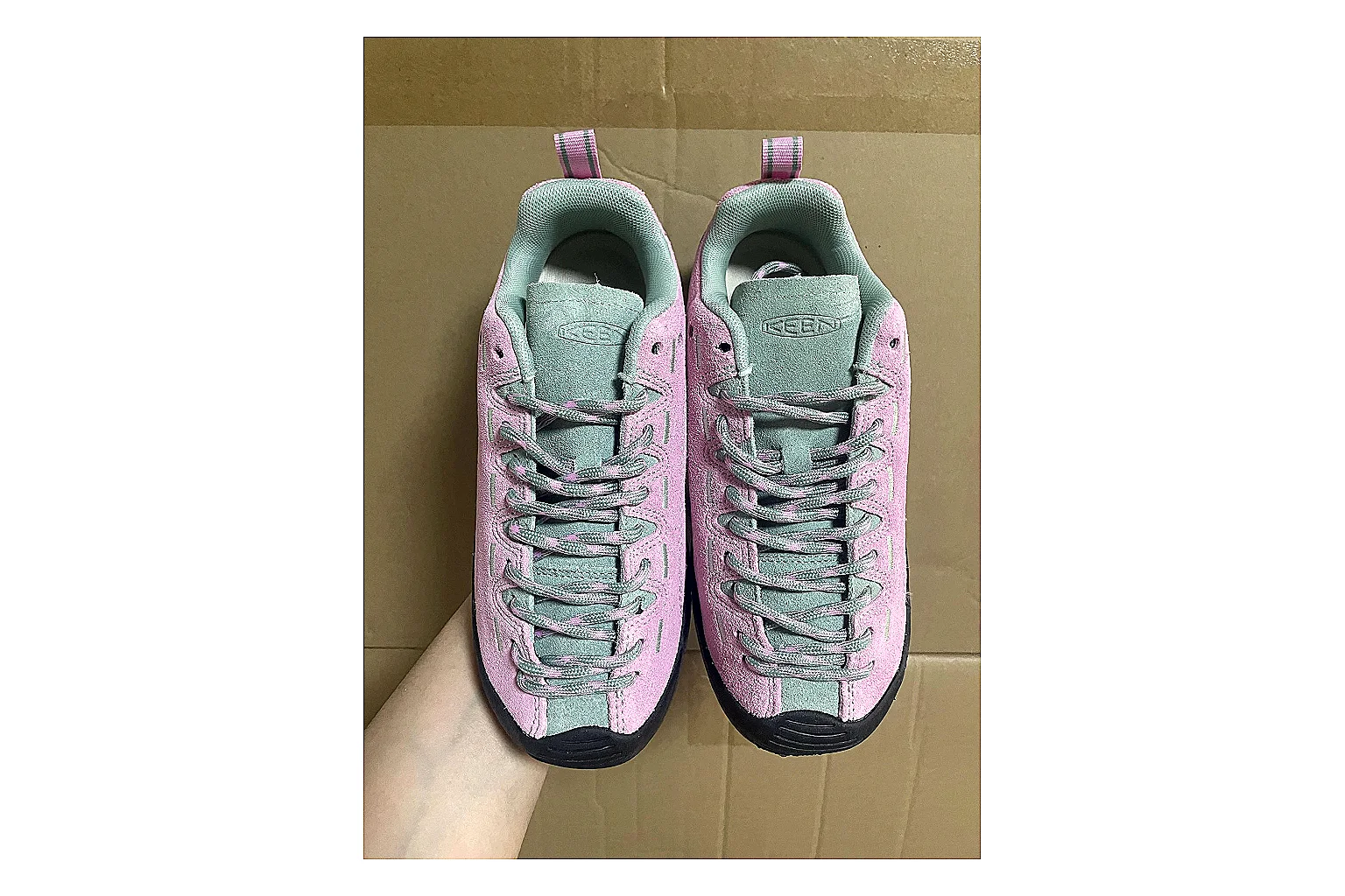 KEEN Jasper Runner Pink Navy comparison photo showing pink navy mesh-suede upper, outdoor runner shape, protective front profile, and trail-casual sole thumbnail 6