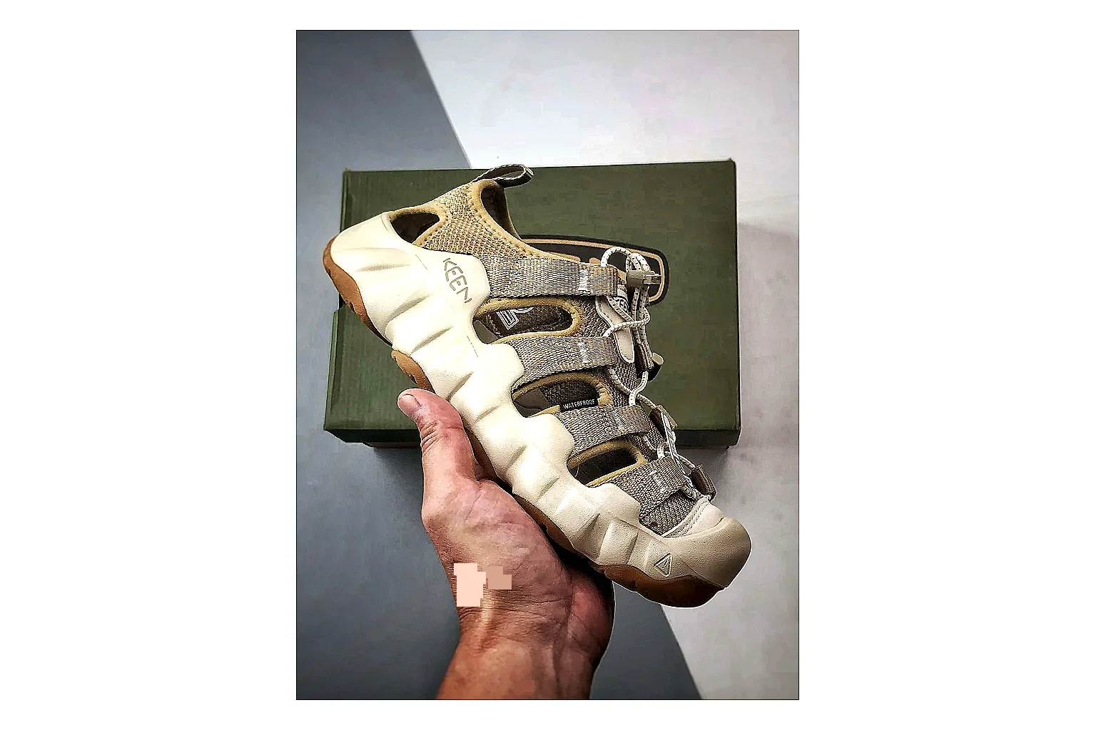 KEEN Jasper Sandal Beige Taupe comparison photo showing beige taupe suede-mesh upper, outdoor sandal shape, protective toe area, and trail-casual sole