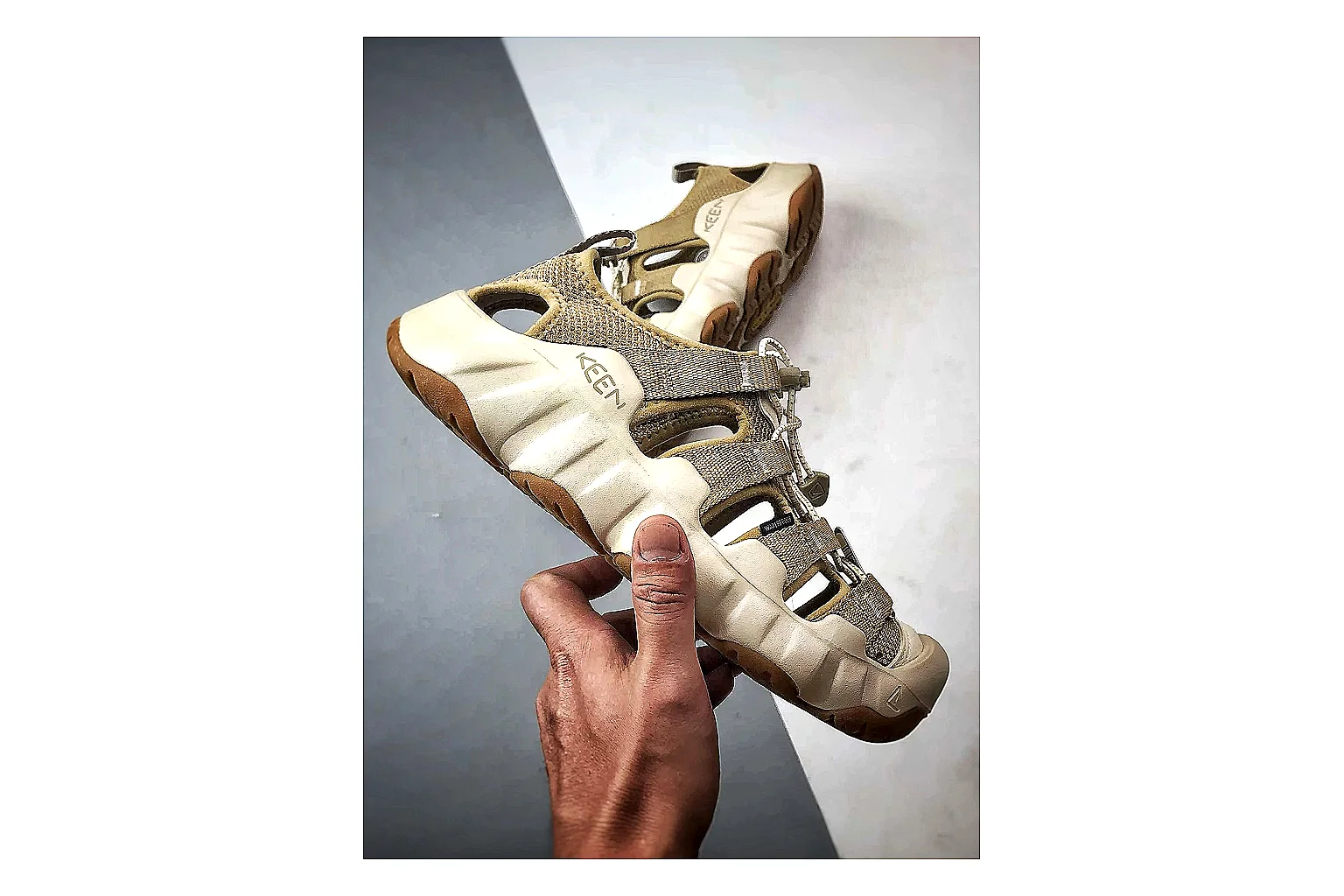 KEEN Jasper Sandal Beige Taupe comparison photo showing beige taupe suede-mesh upper, outdoor sandal shape, protective toe area, and trail-casual sole thumbnail 4