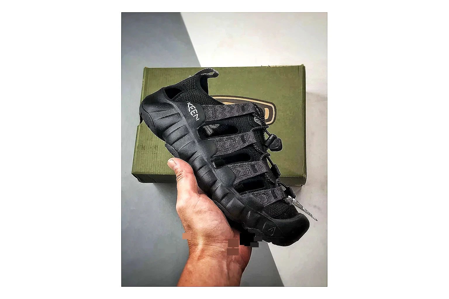 KEEN Jasper Sandal Black comparison photo showing black suede-mesh upper, outdoor sandal shape, protective toe area, and trail-casual sole