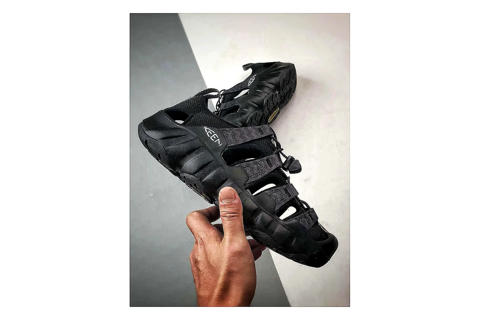 KEEN Jasper Sandal Black comparison photo showing black suede-mesh upper, outdoor sandal shape, protective toe area, and trail-casual sole thumbnail 4