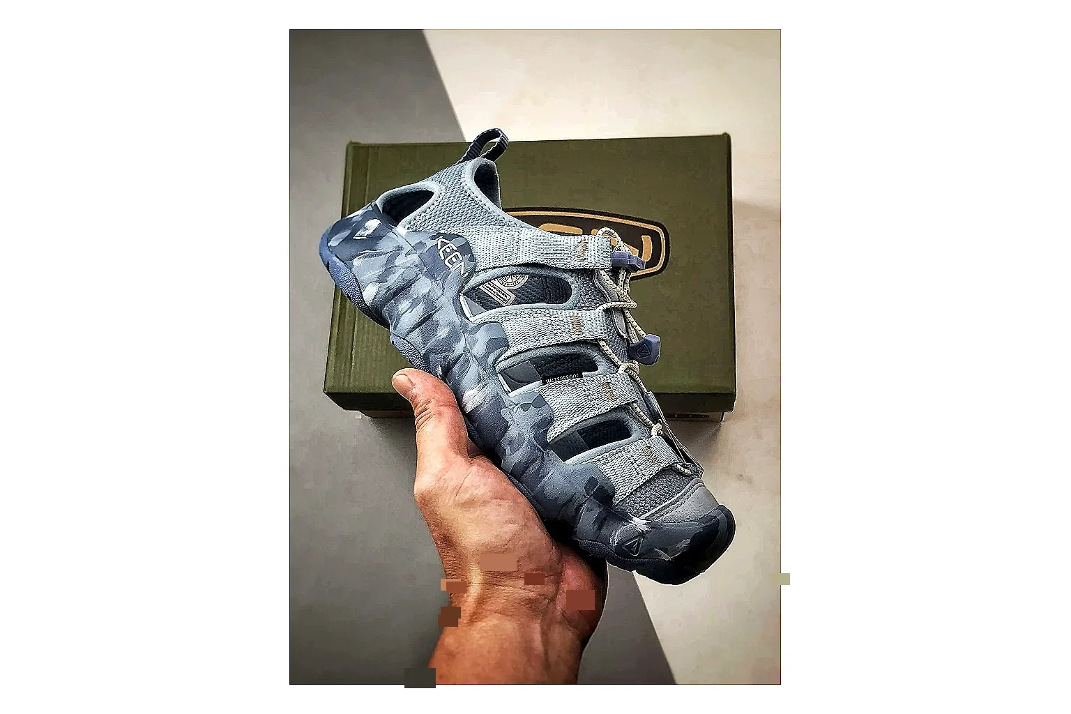 KEEN Jasper Sandal Blue Gray comparison photo showing blue gray suede-mesh upper, outdoor sandal silhouette, protective toe area, and trail-casual sole