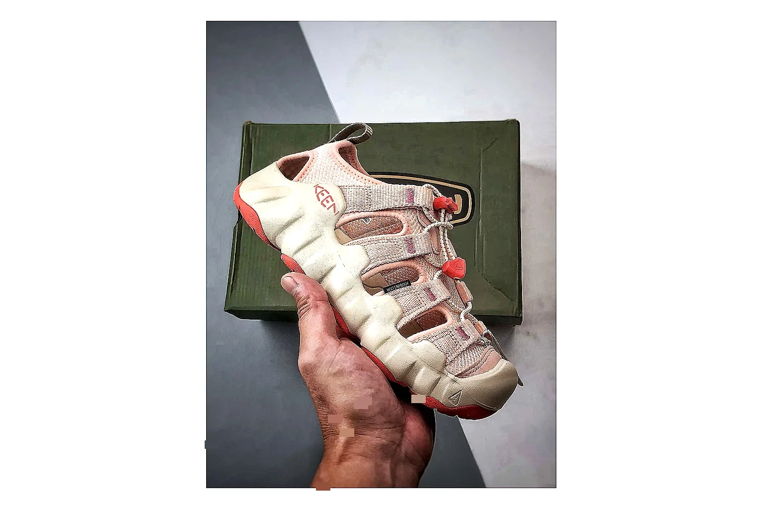 KEEN Jasper Sandal Cream Red comparison photo showing cream red suede-mesh upper, outdoor sandal openings, protective toe area, and rugged sole
