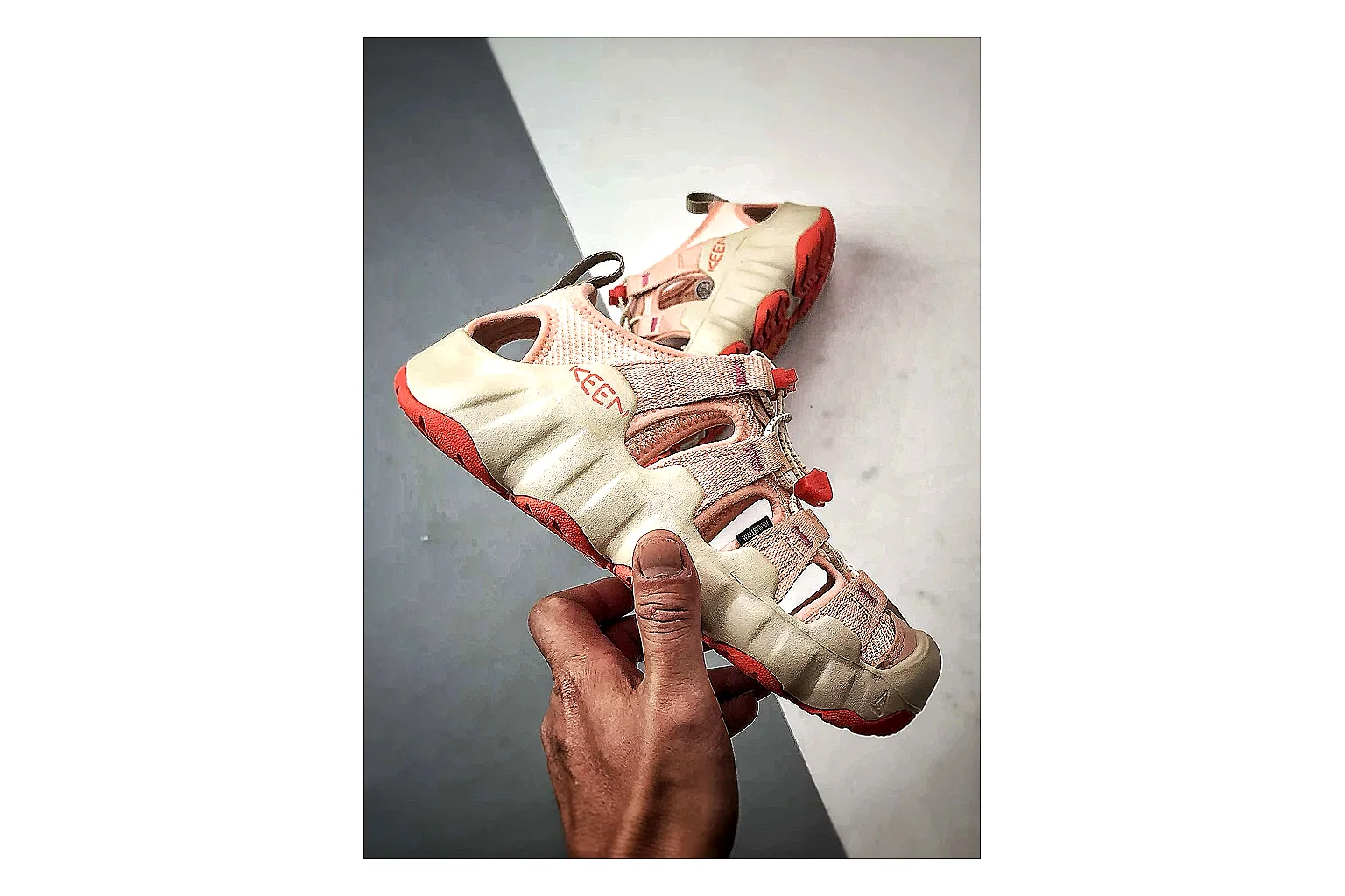 KEEN Jasper Sandal Cream Red comparison photo showing cream red suede-mesh upper, outdoor sandal openings, protective toe area, and rugged sole thumbnail 4
