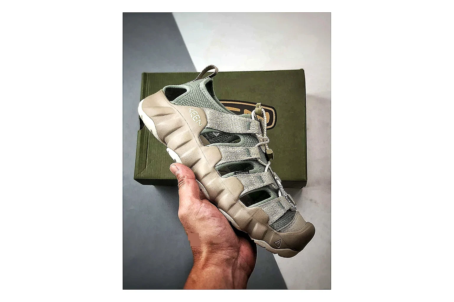 KEEN Jasper Sandal Gray Beige comparison photo showing gray beige suede-mesh upper, protective toe area, sandal-style openings, and trail-ready sole