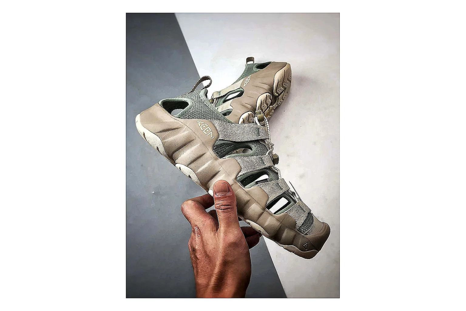 KEEN Jasper Sandal Gray Beige comparison photo showing gray beige suede-mesh upper, protective toe area, sandal-style openings, and trail-ready sole thumbnail 4