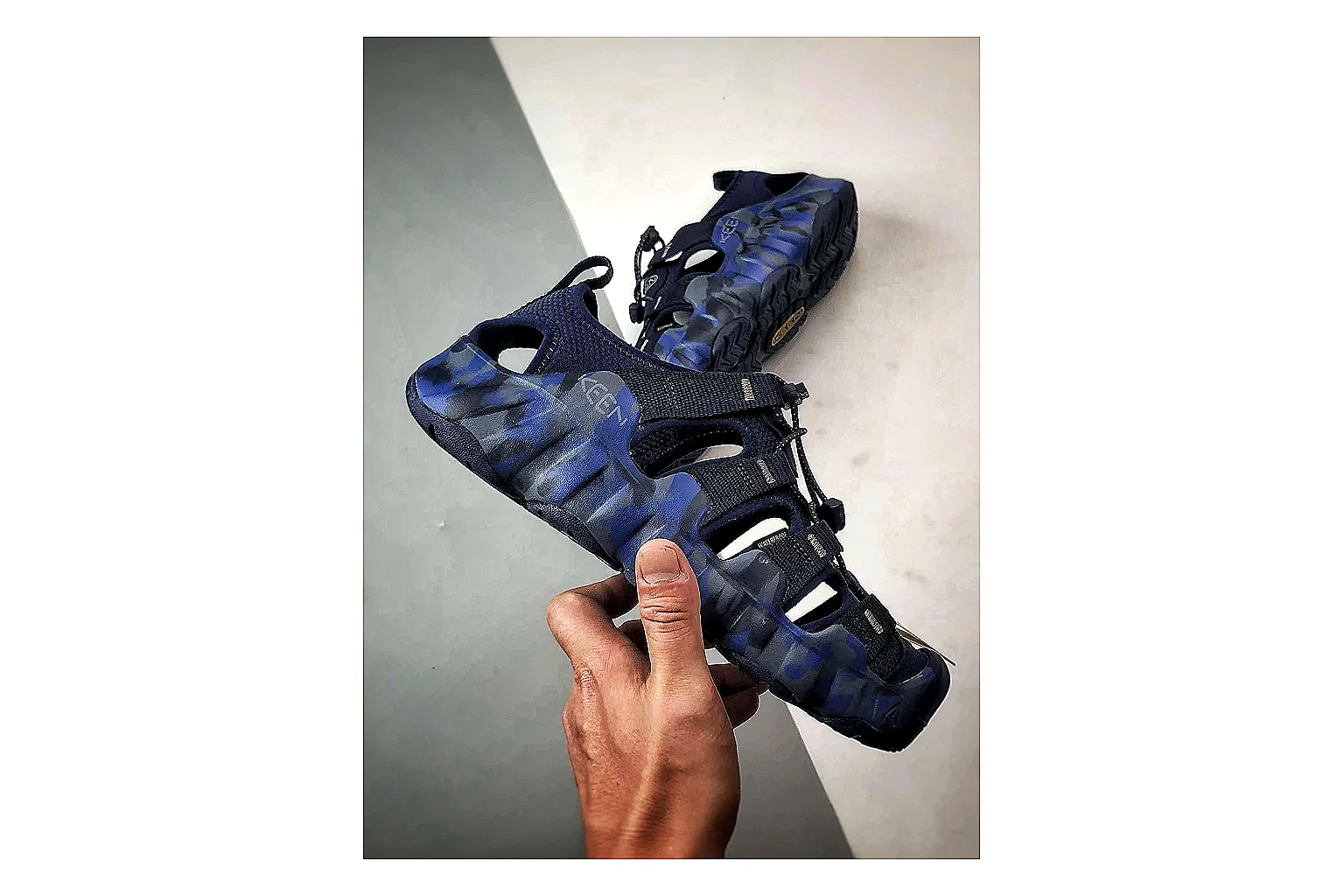 KEEN Jasper Sandal Navy Blue comparison photo showing navy blue suede-mesh upper, sandal openings, protective front shape, and outdoor casual outsole thumbnail 4