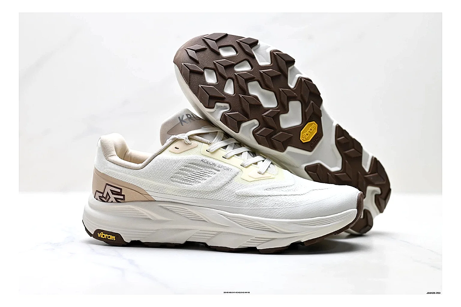 KOLON SPORT Krus V White Tan Sneakers comparison signal photo with white tan outdoor sneakers with mesh-leather texture, side-profile shape, upper panel lines, and outsole detail thumbnail 5