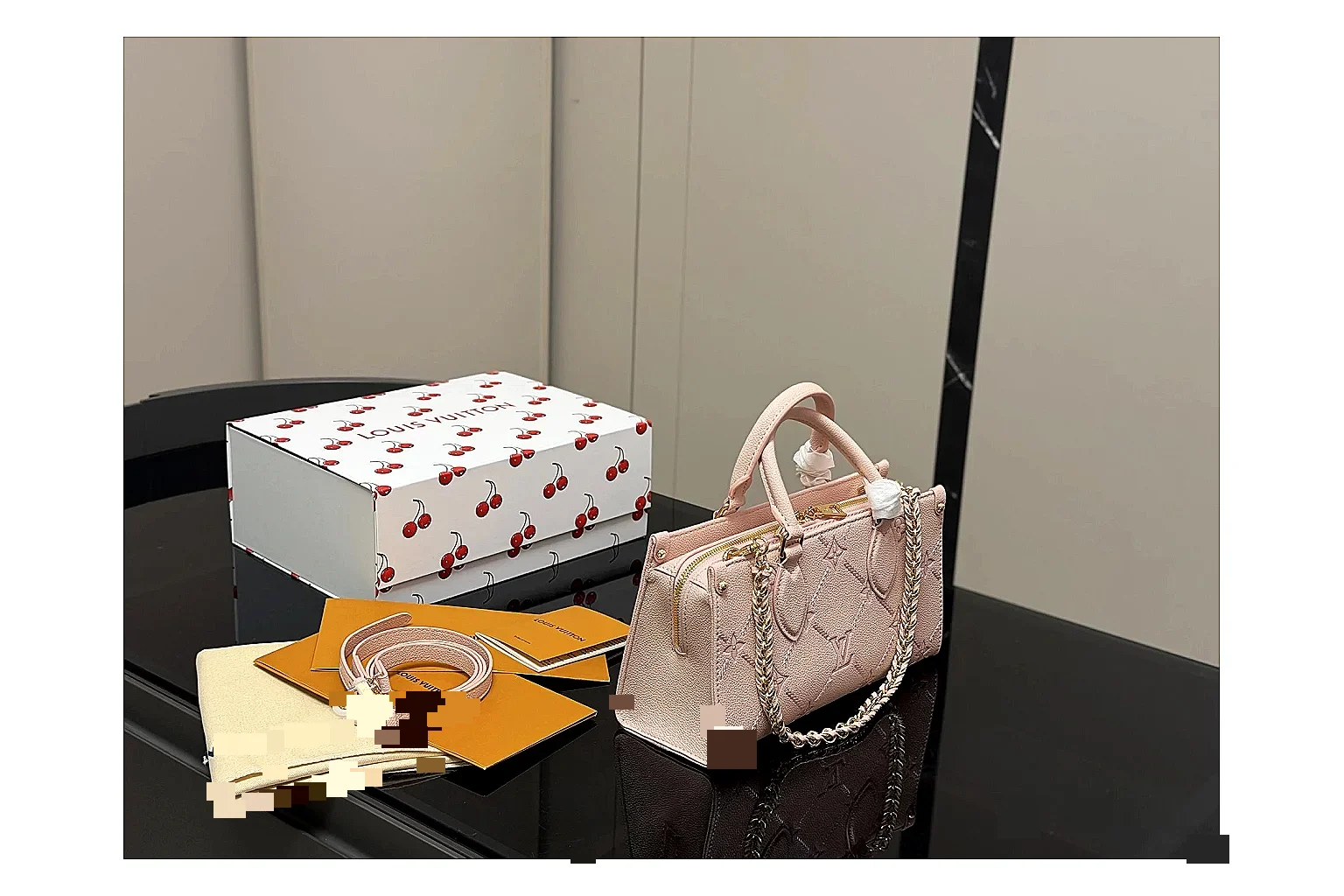 Louis Vuitton Mini Top Handle Pink comparison photo showing pink leather mini bag body, structured top handle, compact luxury shape, and clean hardware details