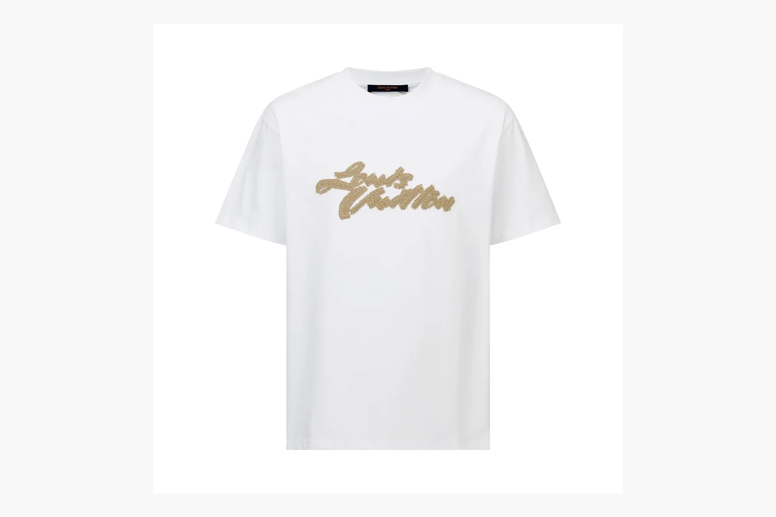 White LV raffia rope logo tee comparison photo