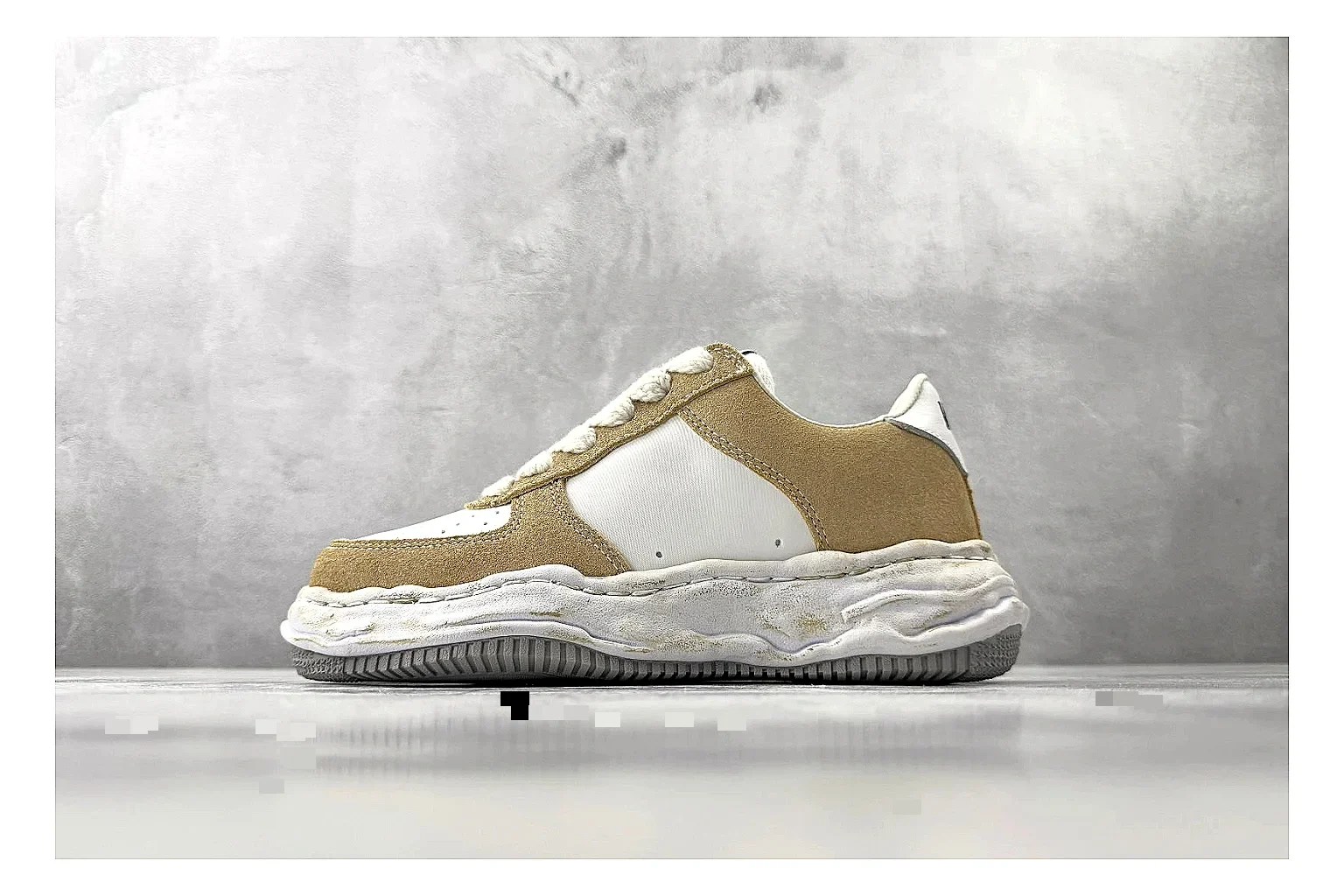 Maison Mihara Yasuhiro Blakey Beige Distressed comparison photo showing beige distressed canvas upper, warped sculpted white sole, low lace profile, and intentionally worn texture