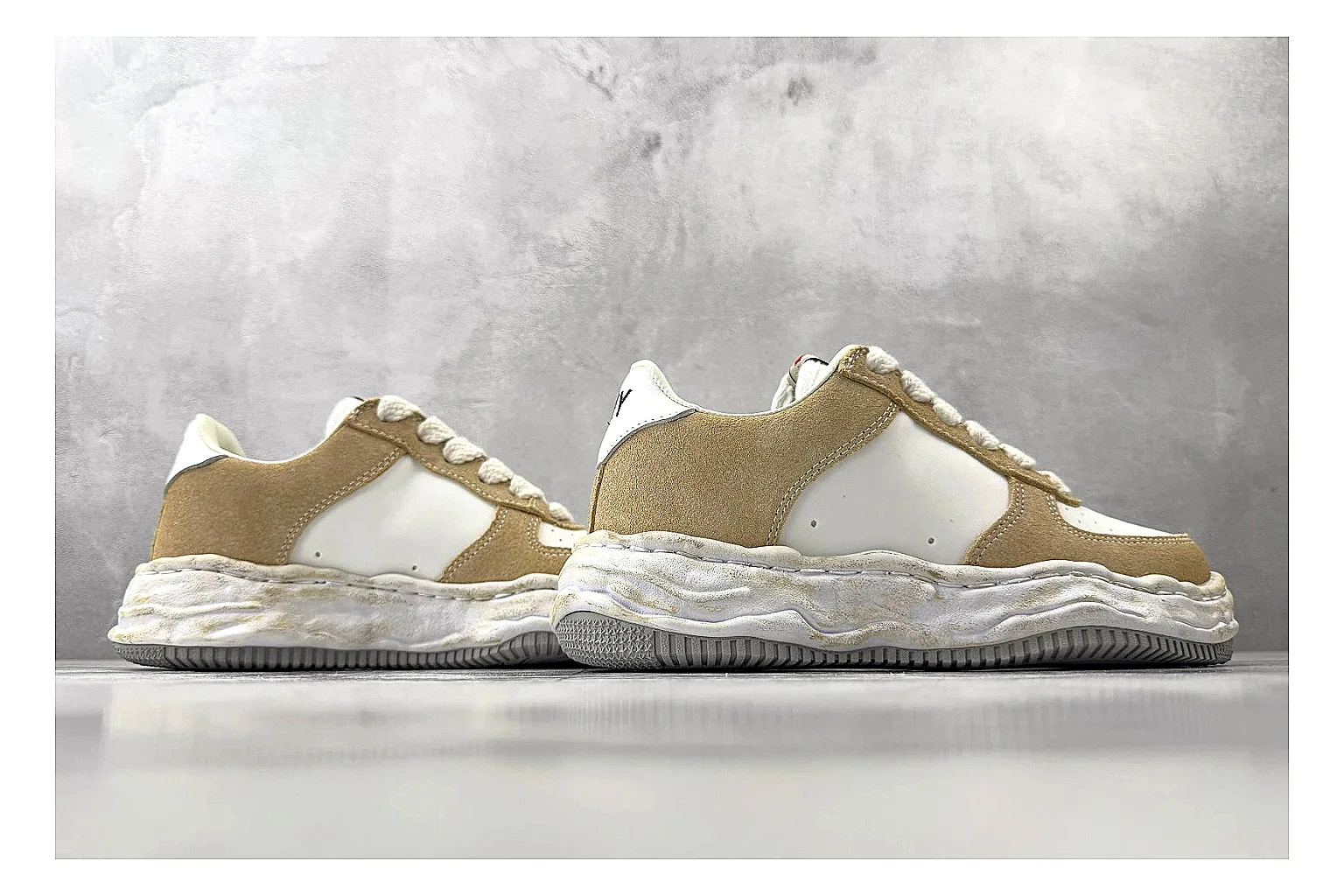 Maison Mihara Yasuhiro Blakey Beige Distressed comparison photo showing beige distressed canvas upper, warped sculpted white sole, low lace profile, and intentionally worn texture thumbnail 3