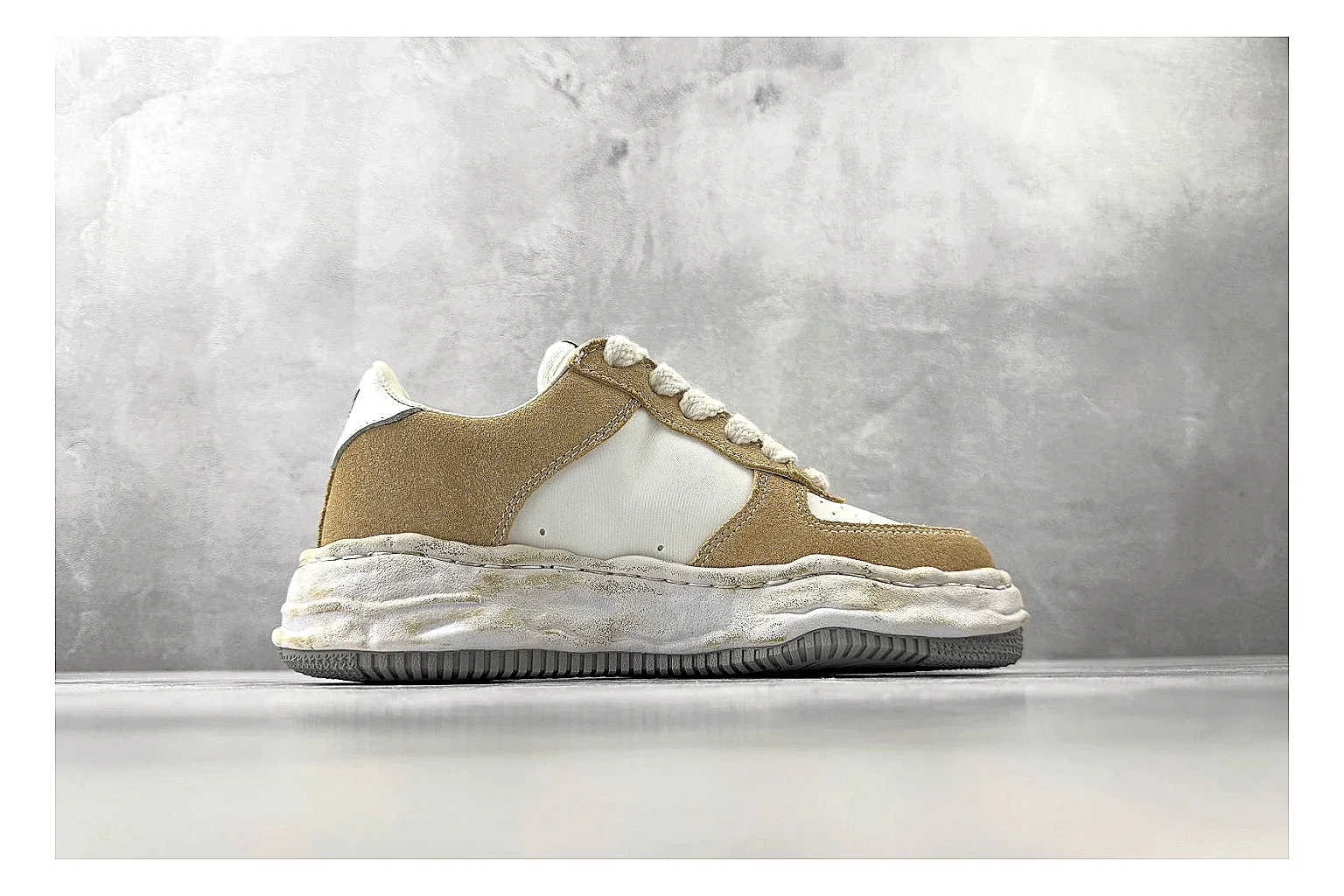 Maison Mihara Yasuhiro Blakey Beige Distressed comparison photo showing beige distressed canvas upper, warped sculpted white sole, low lace profile, and intentionally worn texture thumbnail 6
