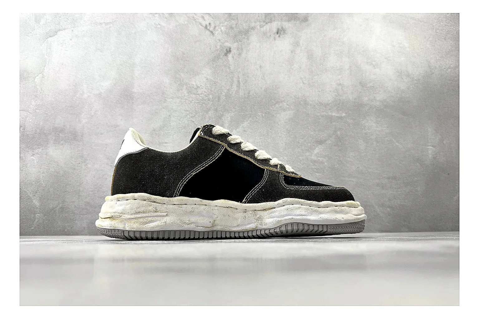 Maison Mihara Yasuhiro Blakey Black Distressed comparison photo showing black distressed canvas upper, warped sculpted white sole, low lace profile, and worn texture thumbnail 6